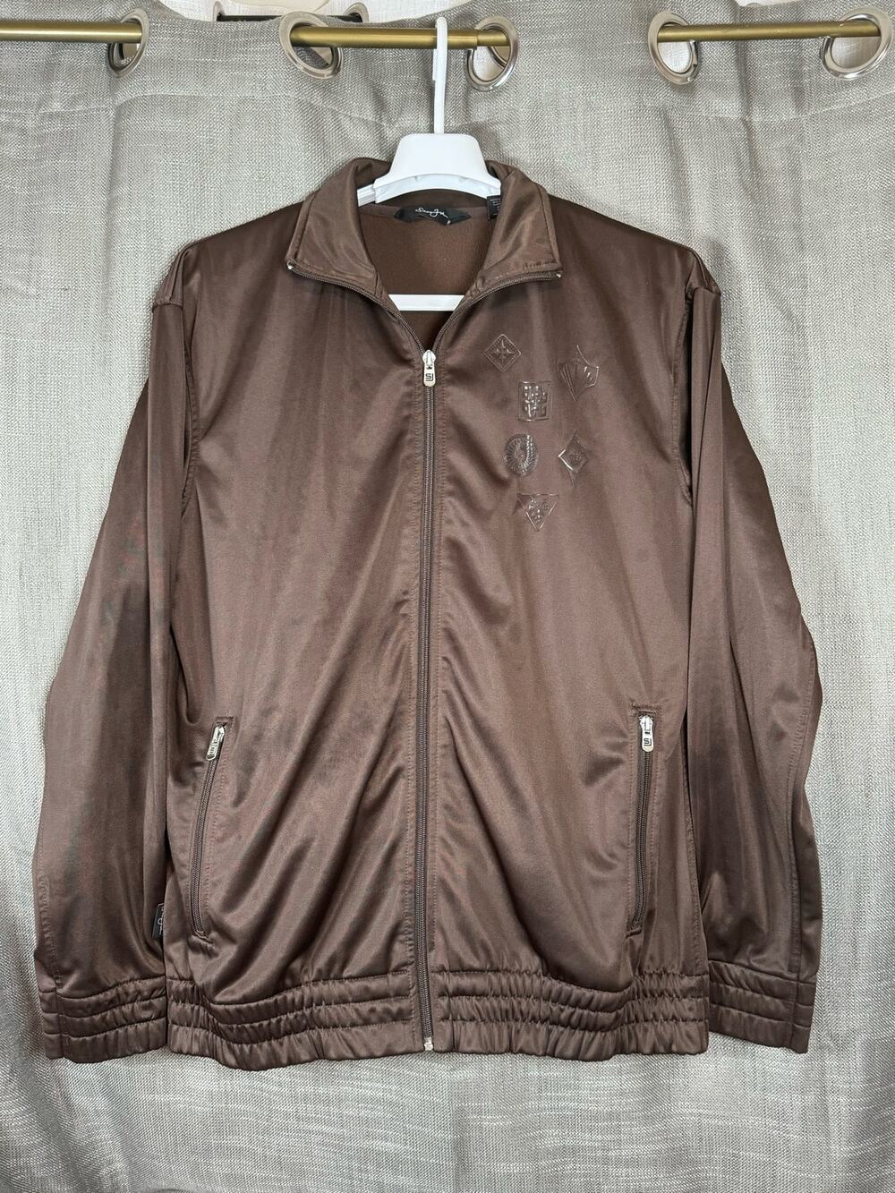Sean John Brown Satin Bomber Jacket Embroidered Hip Hop Streetwear Men's Size M